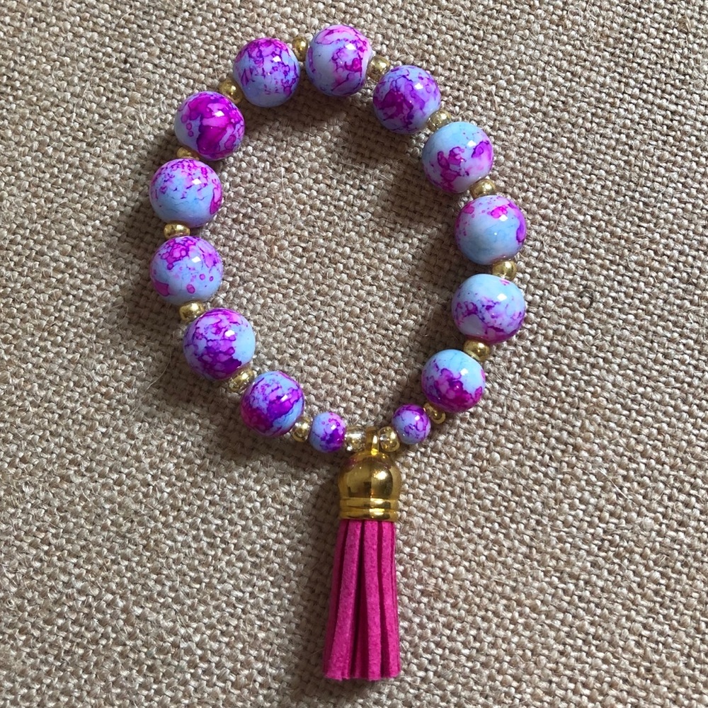 Blue and Purple Marble Bracelet with Pink Tassel